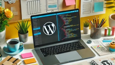 WordPress tema geliştirme sürecini gösteren, tasarım ve kodlama araçlarıyla bir masaüstü görüntüsü
