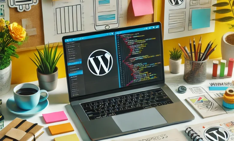 WordPress tema geliştirme sürecini gösteren, tasarım ve kodlama araçlarıyla bir masaüstü görüntüsü