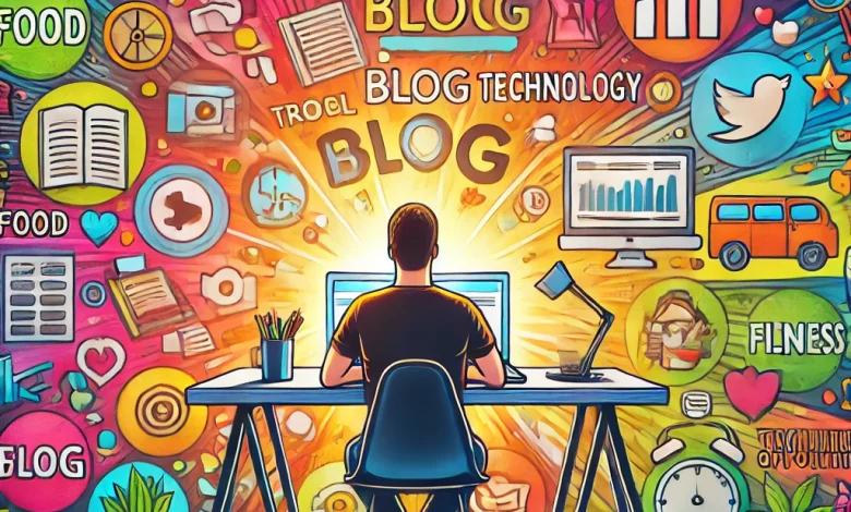 Bir masada dizüstü bilgisayar kullanarak blog yazan kişi, çevresinde yemek, seyahat, teknoloji ve fitness gibi blog konularını temsil eden renkli simgelerle çevrili, yaratıcı bir çalışma ortamı.